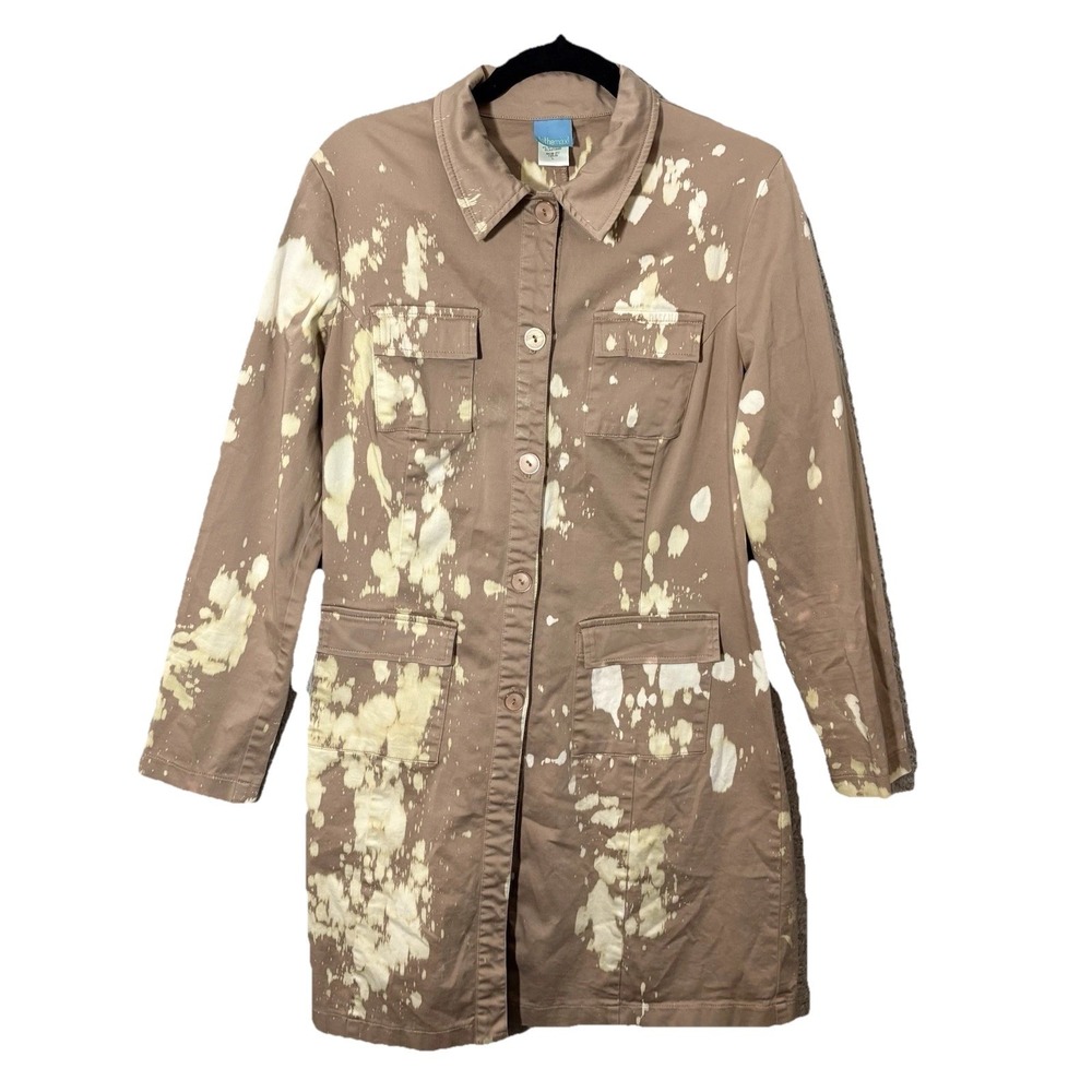 Women Tan Bleach Dye Shirt Dress Button Front Stretch Festival Streetwear Sz L
